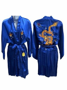 Golden Dragon Purple Dragon Royal Blue Embroidered Silk Short Robe‎ - Size XL